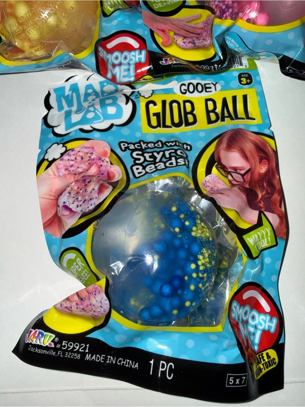 3x Ja-Ru Mad Lab Gooey Glob Ball Fidget Squishy Toy Yellow Blue Pink NEW